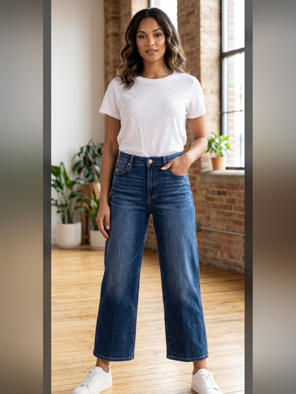Risen Mid Rise Cropped Wide Leg Medium Wash Tummy Control Jeans Size 27